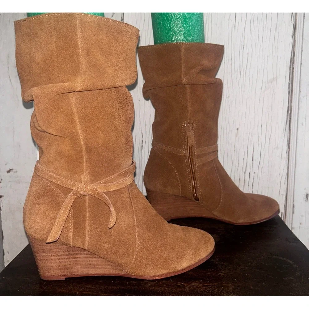 Slouchy Suede Wedge Boots – Boho Chic Western Style midi height Y2K